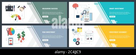 Web banners concept in vector with measuring success, smart investment, risk investment and investment document. Internet website banner concept with Stock Vector