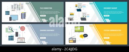 Vector set of vertical web banners with file connection, document backup, sharing equipment and system communication. Vector banner template for websi Stock Vector