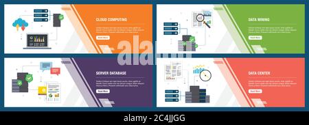 Vector set of vertical web banners with cloud computing, data mining, server database and data center. Vector banner template for website and mobile a Stock Vector