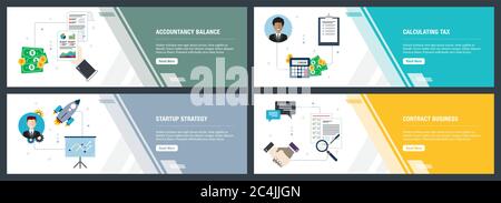 Web banners concept in vector with accountancy balance, calculating tax, startup strategy and contract business. Internet website banner concept with Stock Vector