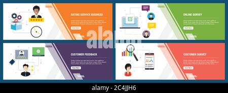 Vector set of vertical web banners with rating service business, online survey, customer feedback and customer survey. Vector banner template for webs Stock Vector