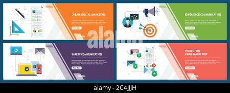 Vector set of vertical web banners with digital marketing, experience and safety communication, protection email marketing.Vector banner template for Stock Vector
