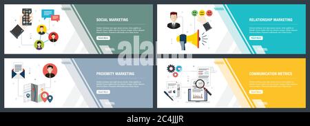 Web banners concept in vector with social marketing, relationship marketing, proximity marketing and communication metrics. Internet website banner co Stock Vector