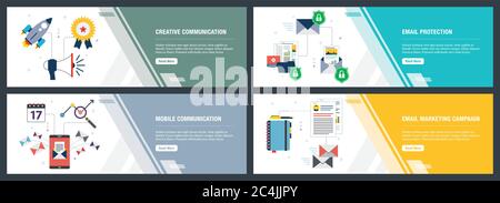 Vector set of vertical web banners with communication, email protection, mobile communication and email marketing.Vector banner template for website a Stock Vector