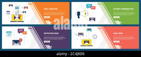 Vector set of vertical web banners with email marketing, internet communication, notification email and email inbox. Vector banner template for websit Stock Vector