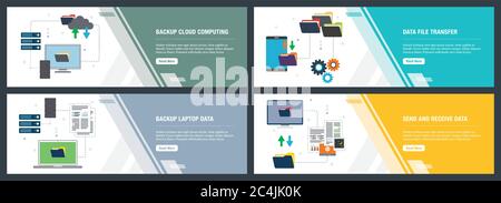 Vector set of vertical web banners with backup cloud computing, backup laptop data, send and receive data.Vector banner template for website and mobil Stock Vector