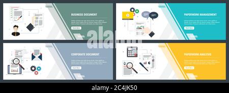 Vector set of vertical web banners with business document, paperwork management, corporate document, paperwork analysis. Vector banner template for we Stock Vector