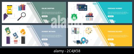 Vector set of vertical web banners with online shopping, purchase payment, payment methods, purchase delivery. Vector banner template for website and Stock Vector