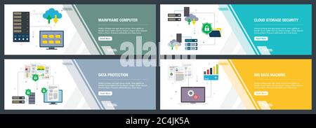 Vector set of vertical web banners with mainframe computer, cloud storage security,  data protection, big data machine. Vector banner template for web Stock Vector