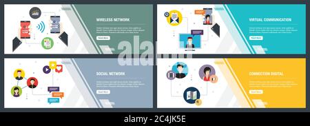 Vector set of vertical web banners with wireless network, virtual communication, social network, connection digital. Vector banner template for websit Stock Vector