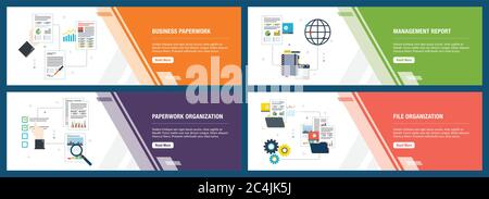 Vector set of vertical web banners with business paperwork, management report, paperwork organization, file organization. Vector banner template for w Stock Vector