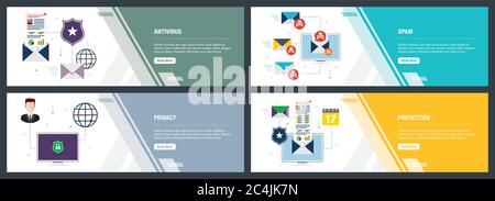 Vector set of vertical web banners with antivirus for protection,  blocking spam, protect of privacy, virus and phishing. Vector banner template for w Stock Vector