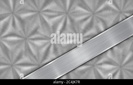 Abstract metal background in silver colors, consisting of a metallic surface with circular brushed texture and polished metal plate with shiny edges Stock Vector