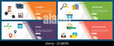 Vector set of vertical web banners with e-commerce, shopping basket, delivery and purchase evalualition. Vector banner template for website and mobile Stock Vector