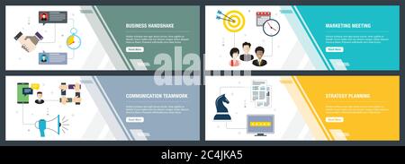 Vector set of vertical web banners with business handshake, marketing meeting, communication teamwork and strategy. Vector banner template for website Stock Vector