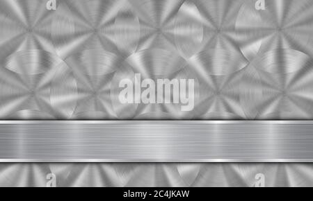 Abstract metal background in silver colors, consisting of a metallic surface with circular brushed texture and polished metal plate with shiny edges Stock Vector
