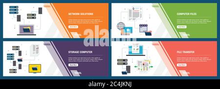 Vector set of vertical web banners with network solutions, computer files, storage computer and file transfer. Vector banner template for website and Stock Vector