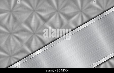 Abstract metal background in silver colors, consisting of a metallic surface with circular brushed texture and polished metal plate with shiny edges Stock Vector