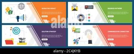 Vector set of vertical web banners with marketing budget, business network, solution strategy, communication. Vector banner template for website and m Stock Vector