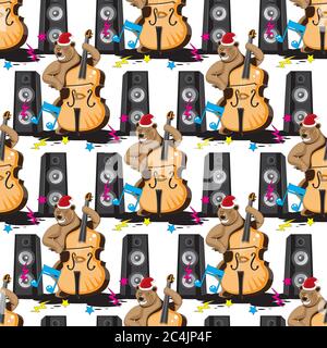 Seamless pattern of a bear playing a double bass in a hood music from speakers on a white isolated background. Vector image Stock Vector