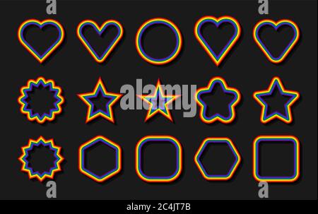 LGBT flag. Circle, star, hexagon, heart, square shapes with frame in rainbow colors. Set of signs for use in LGBTQI Pride Event, LBGT Pride Month or G Stock Vector