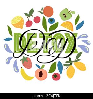 Detox day - vector lettering on white background with berries, fruit, leaves. For the design of postcards, posters, covers, prints for mugs, t-shirts Stock Vector