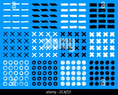 Brush stroke set. Grunge seamless pattern. Collection of dirty texture. Paint brushstrokes imprints isolated on blue background. Design graphic elemen Stock Vector