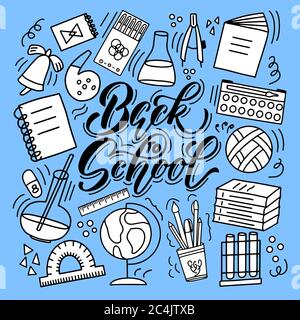 Back to school - vector image on a blue background. For the design of postcards, posters, covers, prints for notebooks, wrapping paper Stock Vector