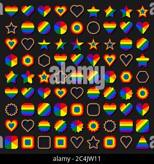 LGBT flag shapes. Forms of circle, star, hexagon, heart, square, triangle. Set of signs in rainbow colors for use in LGBTQI Pride Event, LGBT Pride Mo Stock Vector