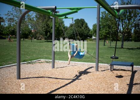 Davis, California, USA. June 20, 2020. Davis Arroyo Park ’s playgrounds were locked during the COVID-19 pandemics  lockdown Stock Photo