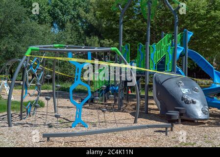 Davis, California, USA. June 20, 2020. Davis Arroyo Park ’s playgrounds were locked during the COVID-19 pandemics  lockdown Stock Photo