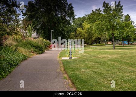 Davis, California, USA. June 20, 2020. Davis Arroyo Park ’s exercise machines were locked during the COVID-19 pandemics  lockdown Stock Photo