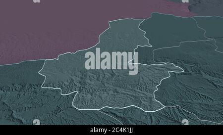 Zoom in on Faryab (province of Afghanistan) outlined. Oblique perspective. Colored and bumped map of the administrative division with surface waters. Stock Photo