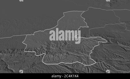 Zoom in on Faryab (province of Afghanistan) outlined. Oblique perspective. Bilevel elevation map with surface waters. 3D rendering Stock Photo