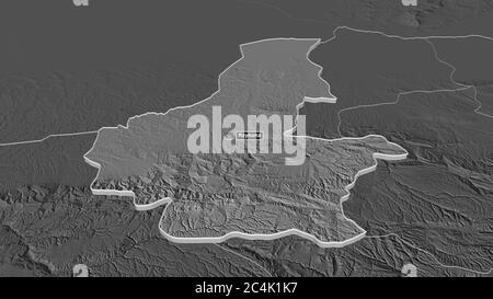 Zoom in on Faryab (province of Afghanistan) extruded. Oblique perspective. Bilevel elevation map with surface waters. 3D rendering Stock Photo