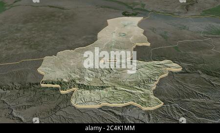 Zoom in on Faryab (province of Afghanistan) extruded. Oblique perspective. Satellite imagery. 3D rendering Stock Photo