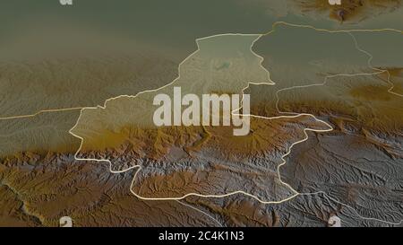 Zoom in on Faryab (province of Afghanistan) outlined. Oblique perspective. Topographic relief map with surface waters. 3D rendering Stock Photo