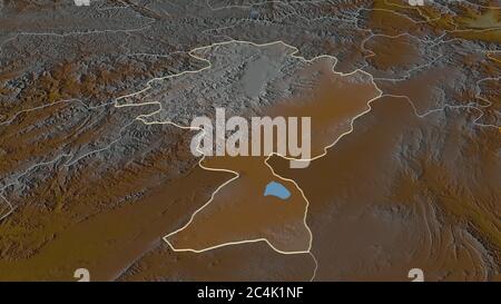 Zoom in on Ghazni (province of Afghanistan) outlined. Oblique perspective. Topographic relief map with surface waters. 3D rendering Stock Photo