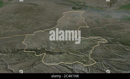 Zoom in on Faryab (province of Afghanistan) outlined. Oblique perspective. Satellite imagery. 3D rendering Stock Photo