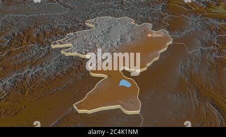 Zoom in on Ghazni (province of Afghanistan) extruded. Oblique perspective. Topographic relief map with surface waters. 3D rendering Stock Photo