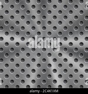 Abstract shiny metal background in silver color with circular brushed texture and round holes Stock Vector