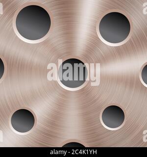 Abstract shiny metal background in bronze color with circular brushed texture and round holes Stock Vector