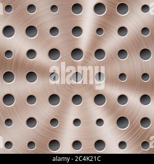 Abstract shiny metal background in bronze color with circular brushed texture and round holes Stock Vector