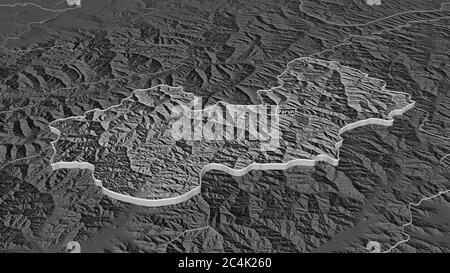 Zoom in on Nuristan (province of Afghanistan) extruded. Oblique perspective. Bilevel elevation map with surface waters. 3D rendering Stock Photo