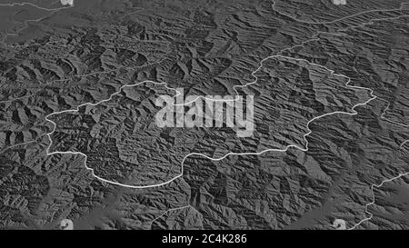 Zoom in on Nuristan (province of Afghanistan) outlined. Oblique perspective. Bilevel elevation map with surface waters. 3D rendering Stock Photo