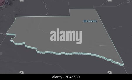 Zoom in on La Pampa (province of Argentina) extruded. Oblique perspective. Colored and bumped map of the administrative division with surface waters. Stock Photo