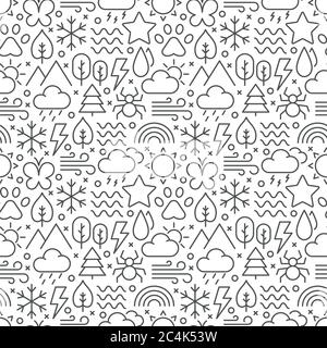 Nature seamless pattern with icons in thin line style Stock Vector