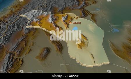 Zoom in on La Rioja (province of Argentina) extruded. Oblique perspective. Topographic relief map with surface waters. 3D rendering Stock Photo