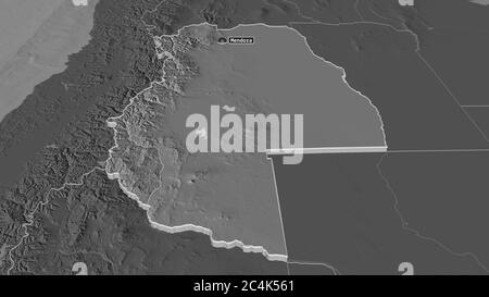 Zoom in on Mendoza (province of Argentina) extruded. Oblique perspective. Bilevel elevation map with surface waters. 3D rendering Stock Photo