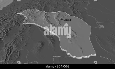 Zoom in on La Rioja (province of Argentina) extruded. Oblique perspective. Bilevel elevation map with surface waters. 3D rendering Stock Photo